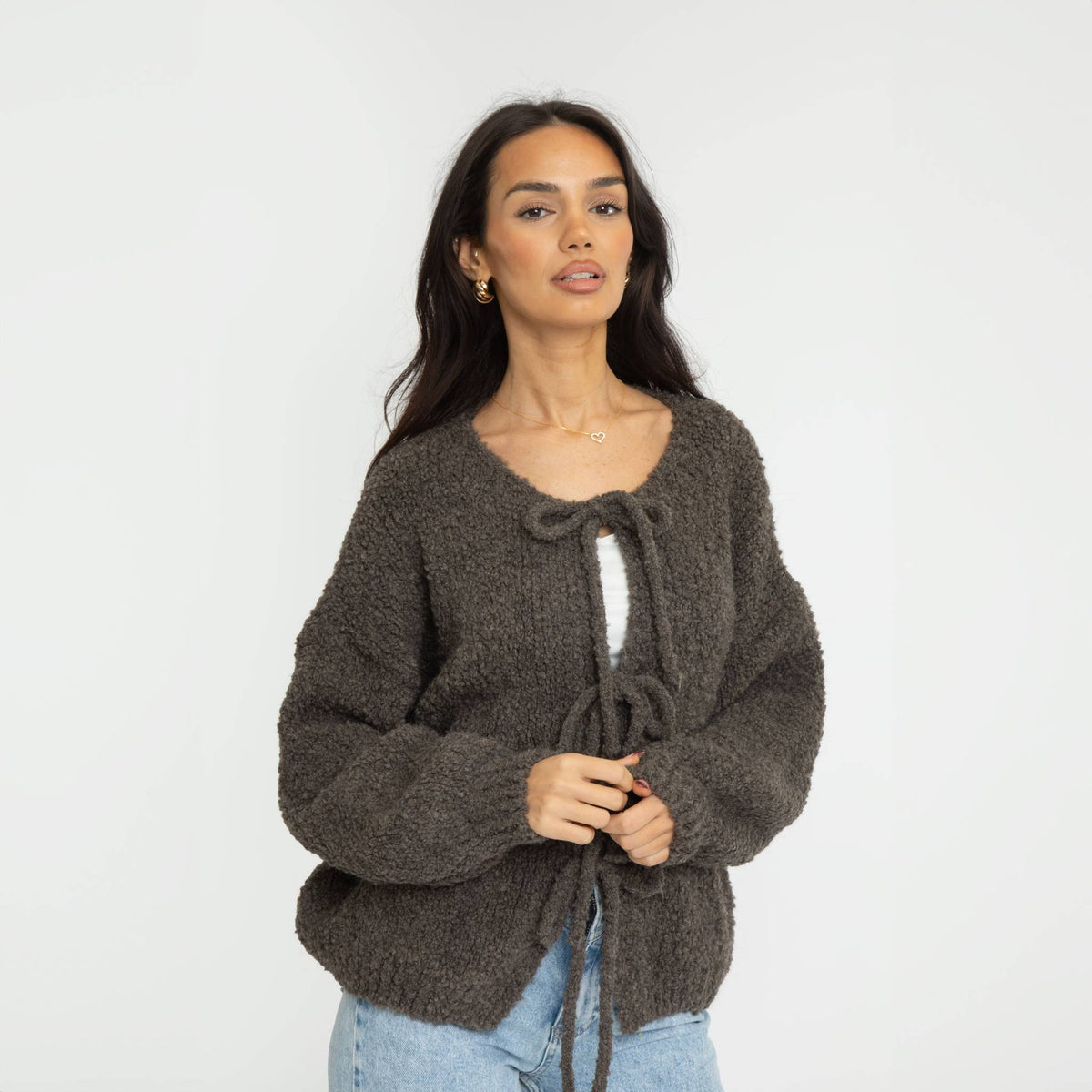 Bouclé Oversized Cardigan mit Schleifen