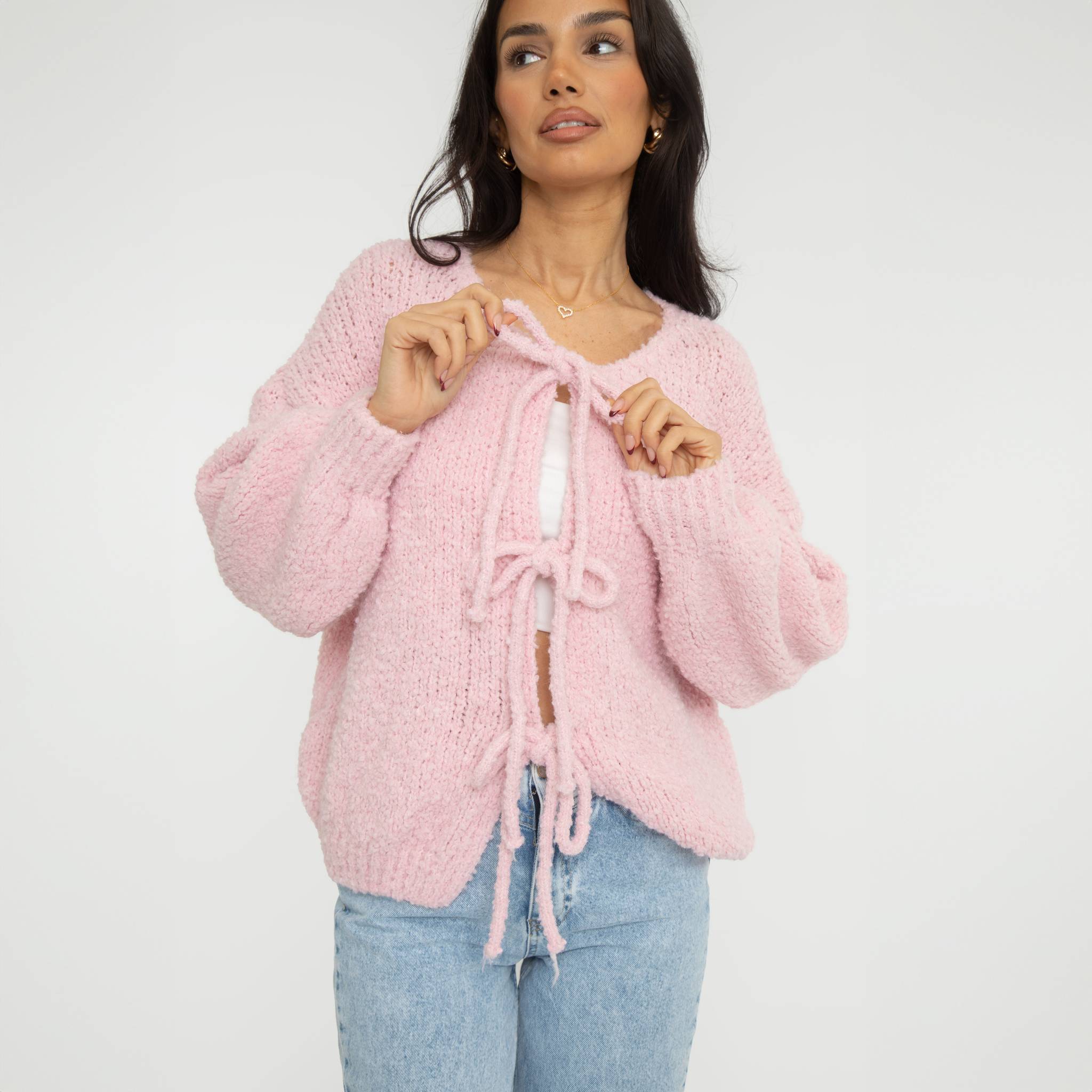 Bouclé Oversized Cardigan mit Schleifen