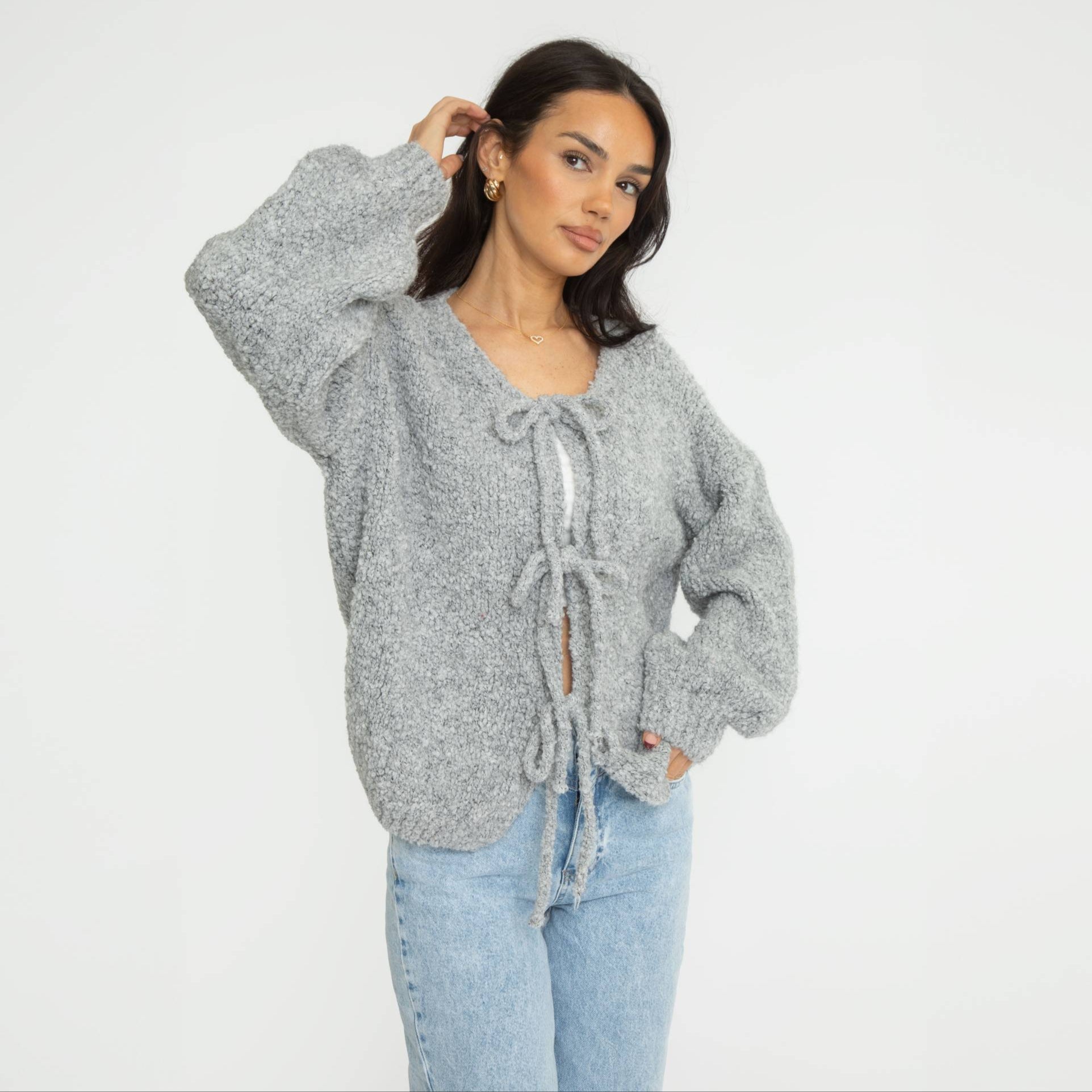 Bouclé Oversized Cardigan mit Schleifen