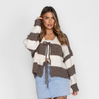 Gestreifter V-Ausschnitt Schleifen Cardigan