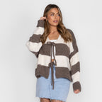 Gestreifter V-Ausschnitt Schleifen Cardigan