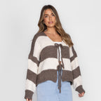 Gestreifter V-Ausschnitt Schleifen Cardigan
