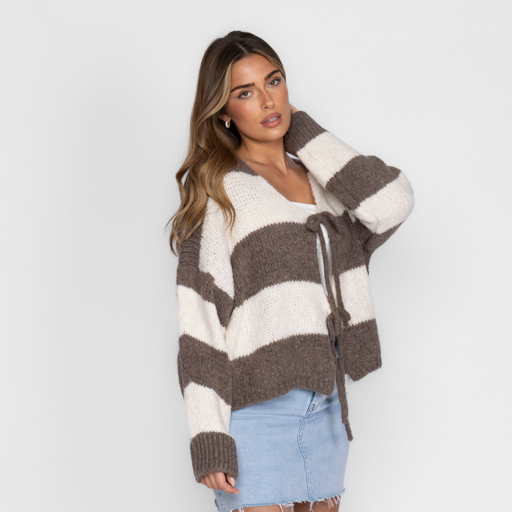 Gestreifter V-Ausschnitt Schleifen Cardigan