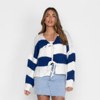Gestreifter V-Ausschnitt Schleifen Cardigan