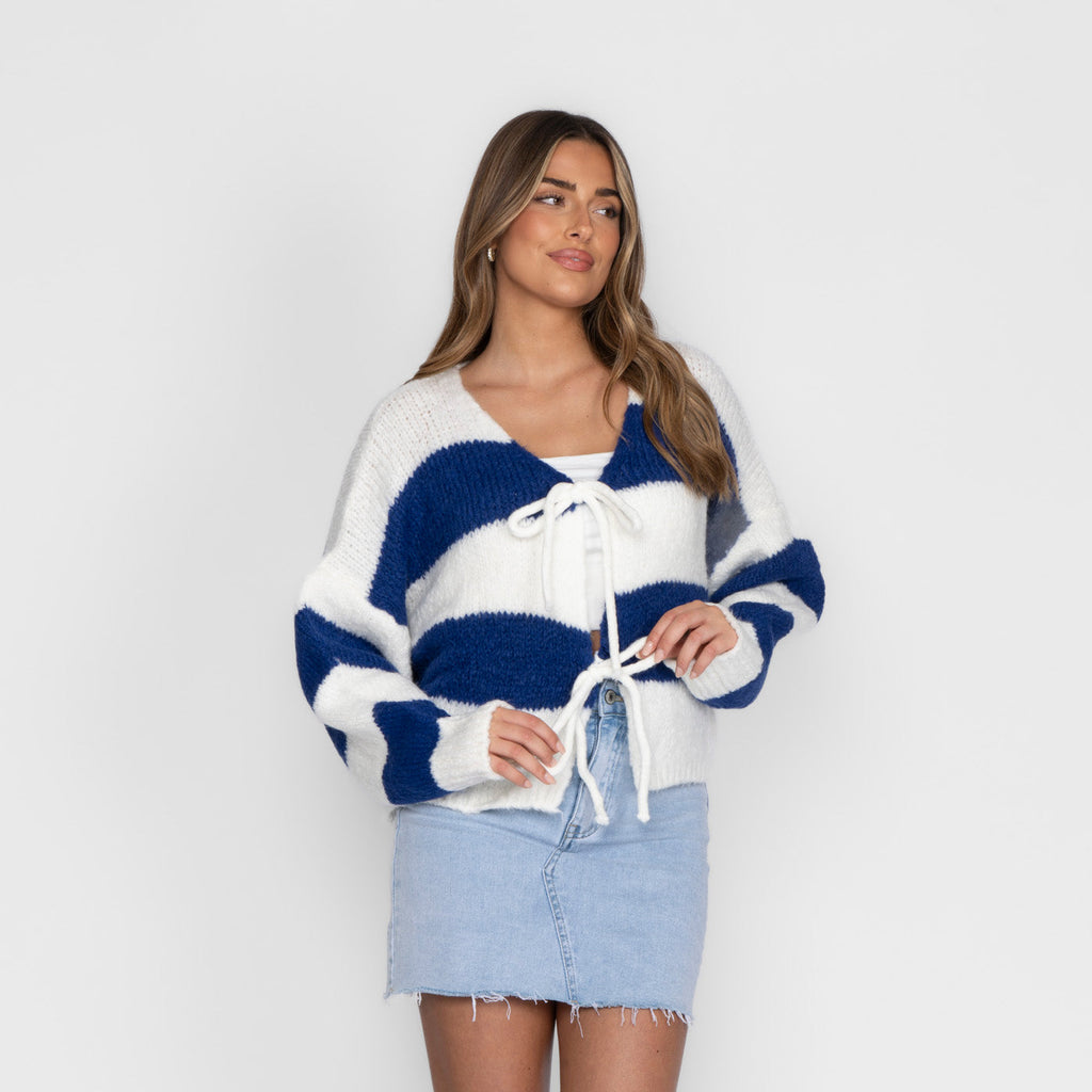 Gestreifter V-Ausschnitt Schleifen Cardigan