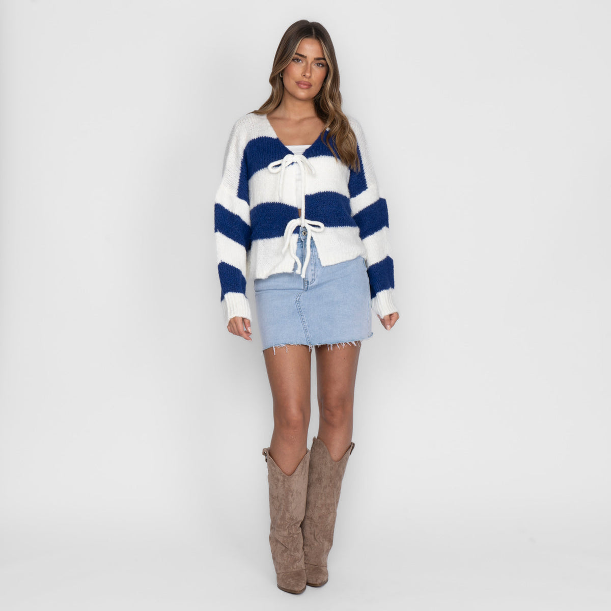 Gestreifter V-Ausschnitt Schleifen Cardigan