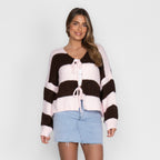 Gestreifter V-Ausschnitt Schleifen Cardigan