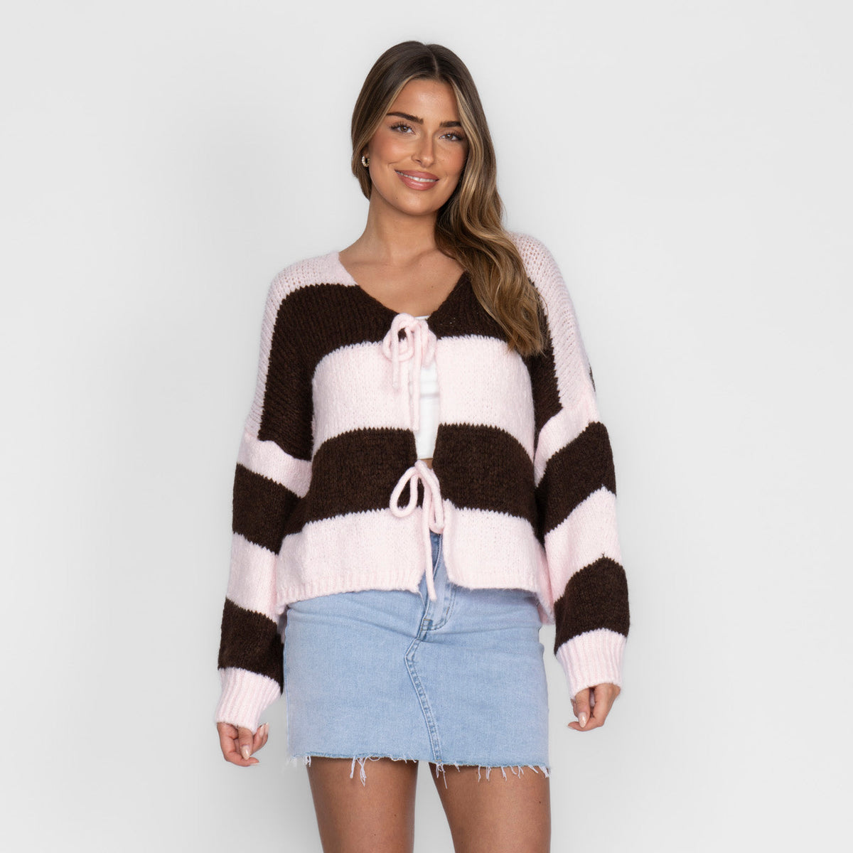 Gestreifter V-Ausschnitt Schleifen Cardigan