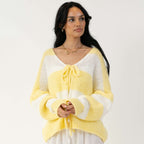 Gestreifter V-Ausschnitt Schleifen Cardigan