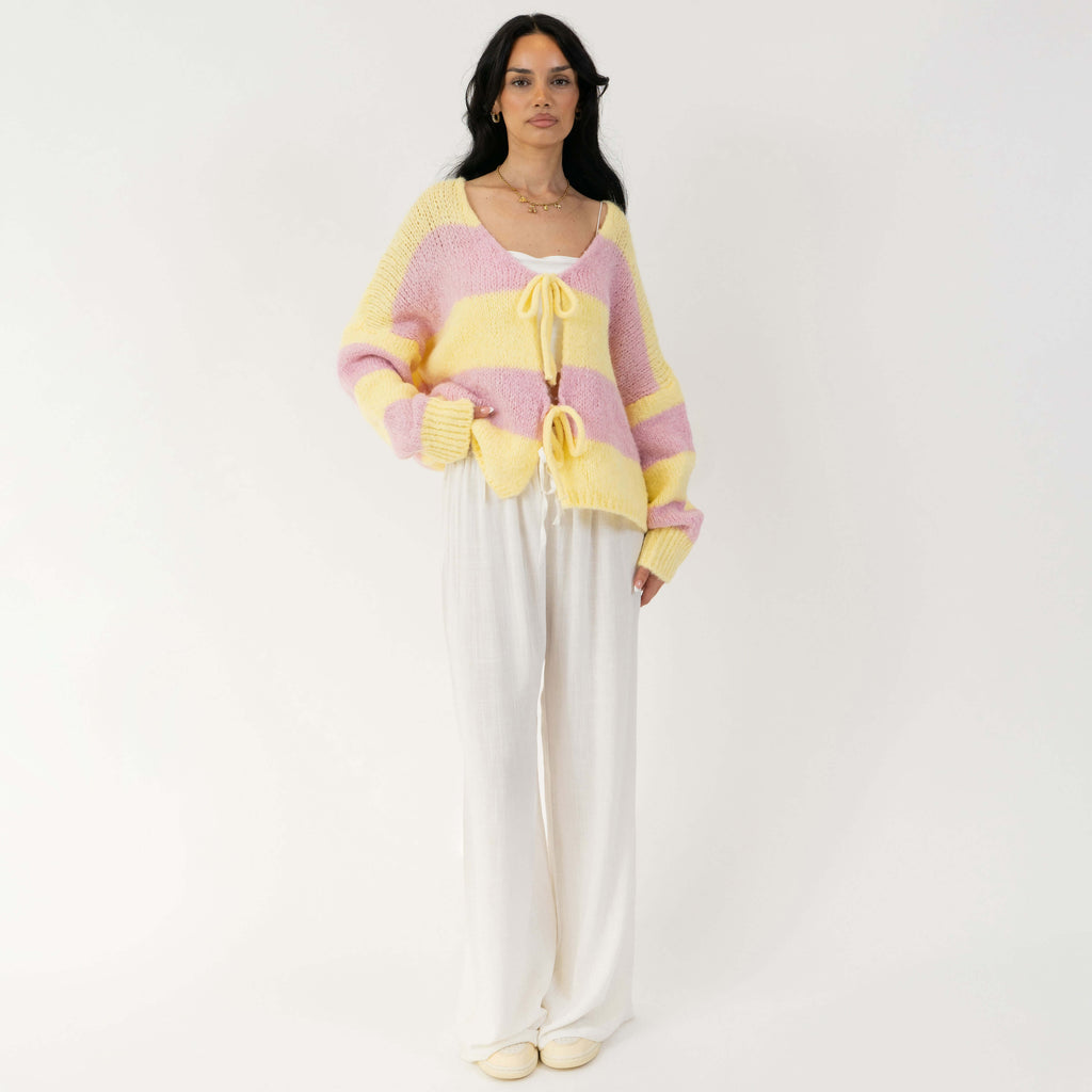 Gestreifter V-Ausschnitt Schleifen Cardigan