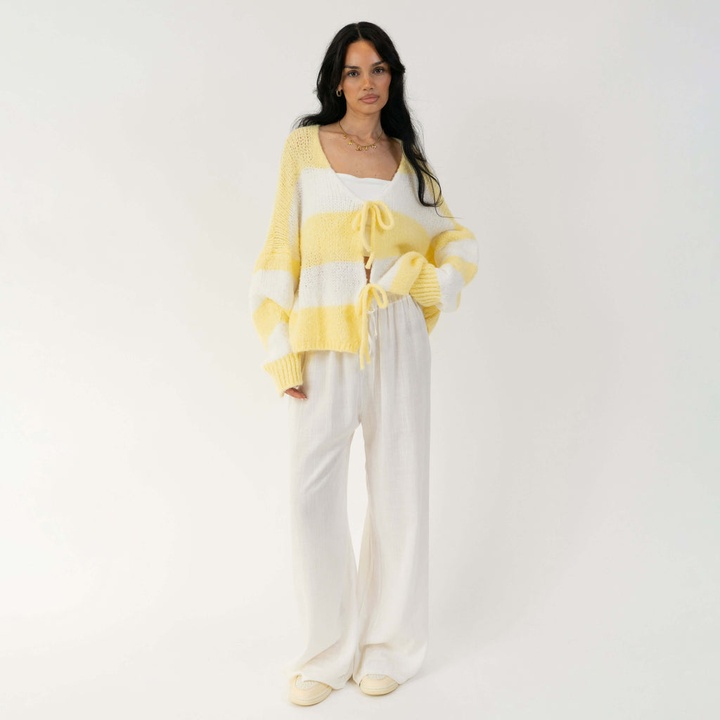 Gestreifter V-Ausschnitt Schleifen Cardigan
