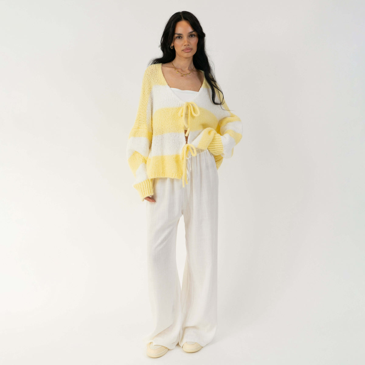 Gestreifter V-Ausschnitt Schleifen Cardigan