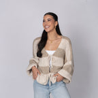 Gestreifter V-Ausschnitt Schleifen Cardigan