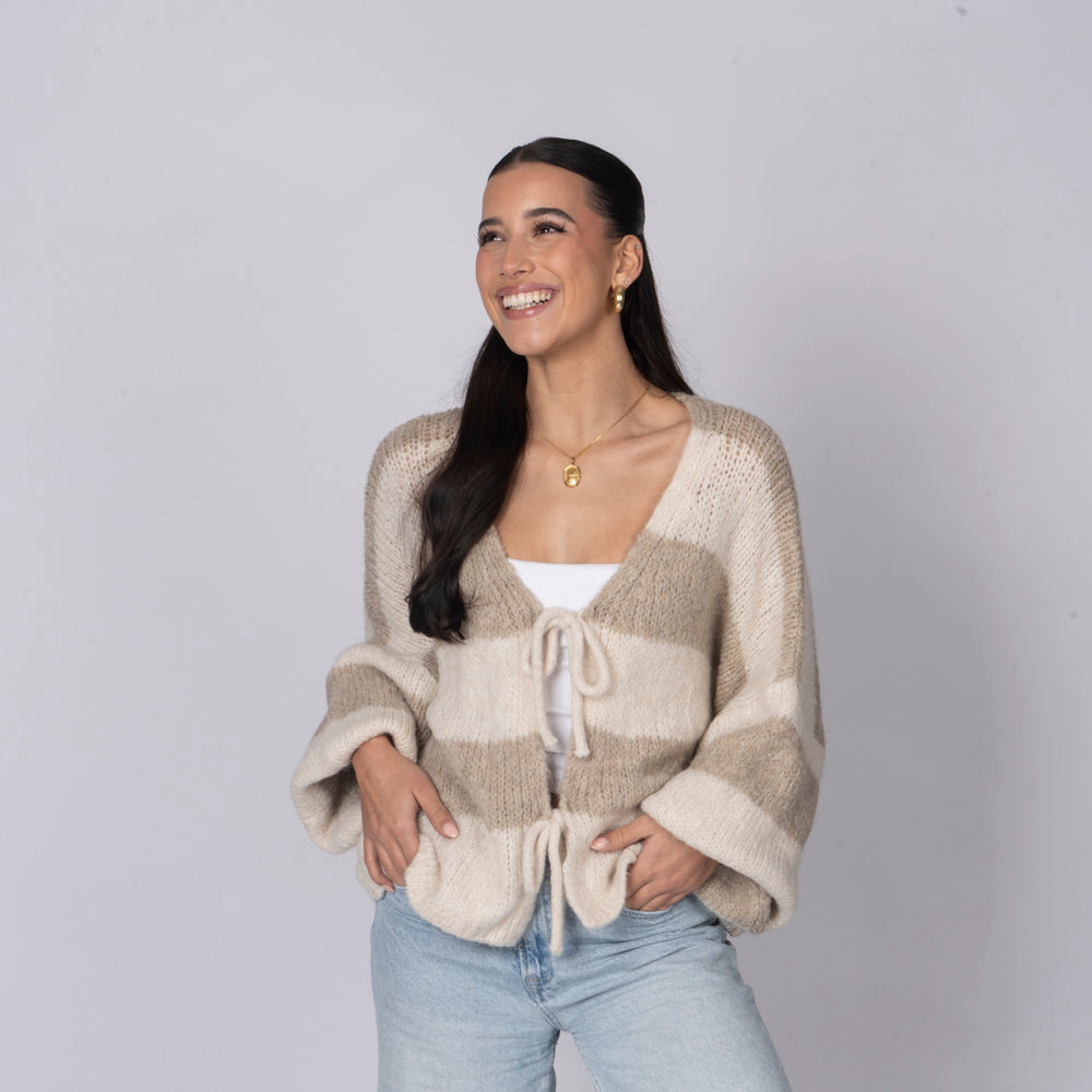Gestreifter V-Ausschnitt Schleifen Cardigan