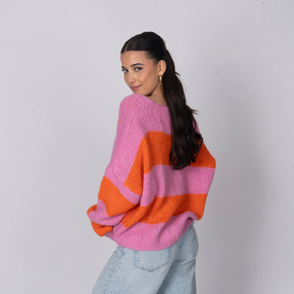 Gestreifter V-Ausschnitt Schleifen Cardigan