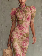 Florette | Romantisches Maxikleid mit Vintage-Rosenmuster und Puffärmeln
