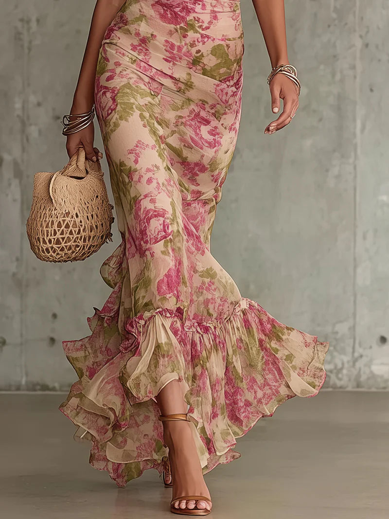 Florette | Romantisches Maxikleid mit Vintage-Rosenmuster und Puffärmeln