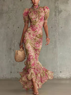 Florette | Romantisches Maxikleid mit Vintage-Rosenmuster und Puffärmeln