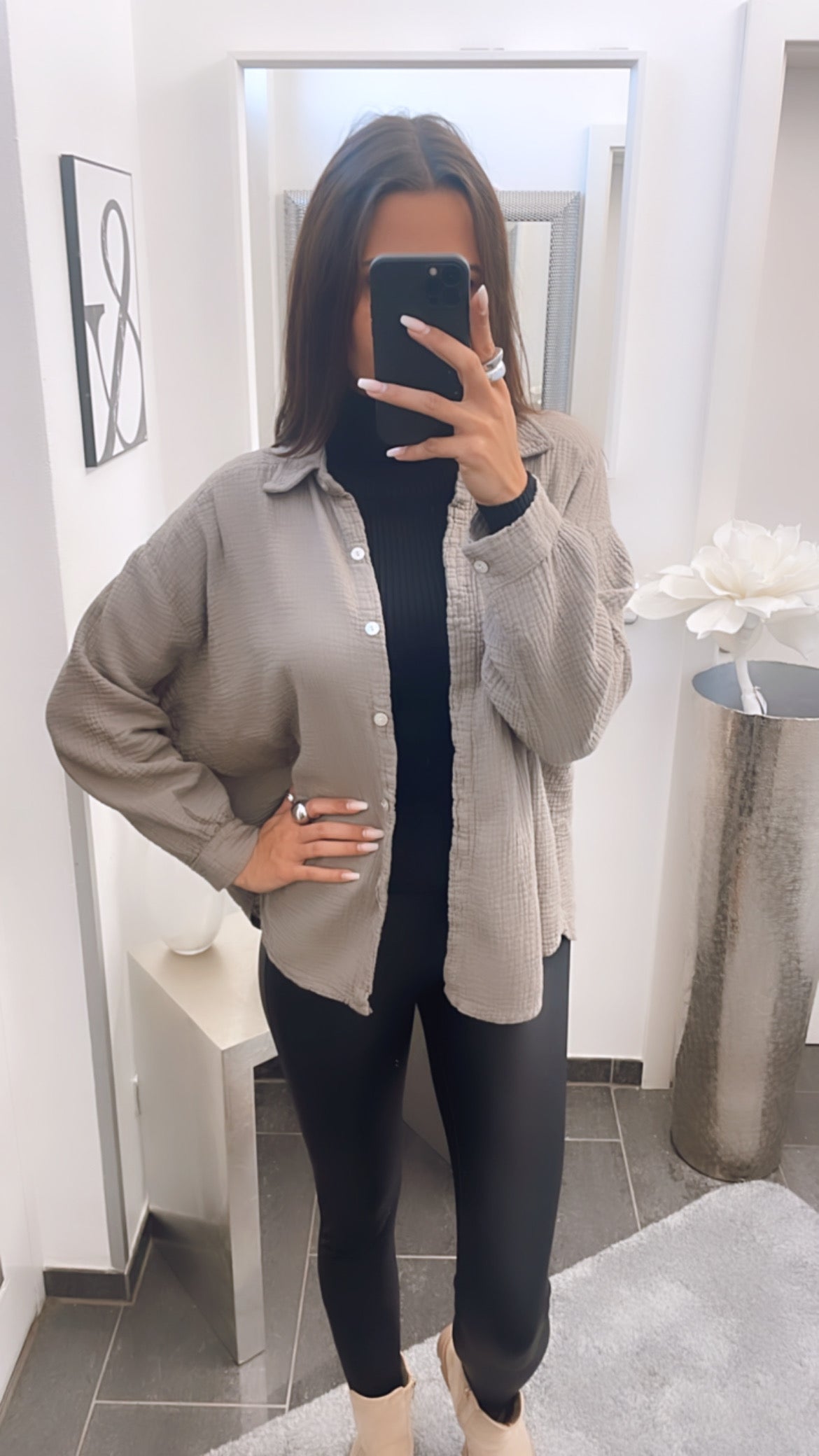 KURZE Oversize Musselin Bluse / schlamm
