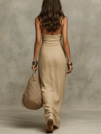 Avelina™ – Voluminöses Maxi-Kleid aus Baumwolle und Leinen mit Neckholder-Ausschnitt