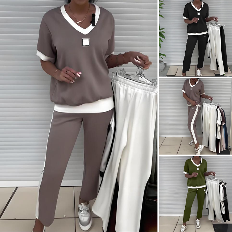 Lässiges Damen-Zweiteiler-Set: Oberteil mit V-Ausschnitt und Hose