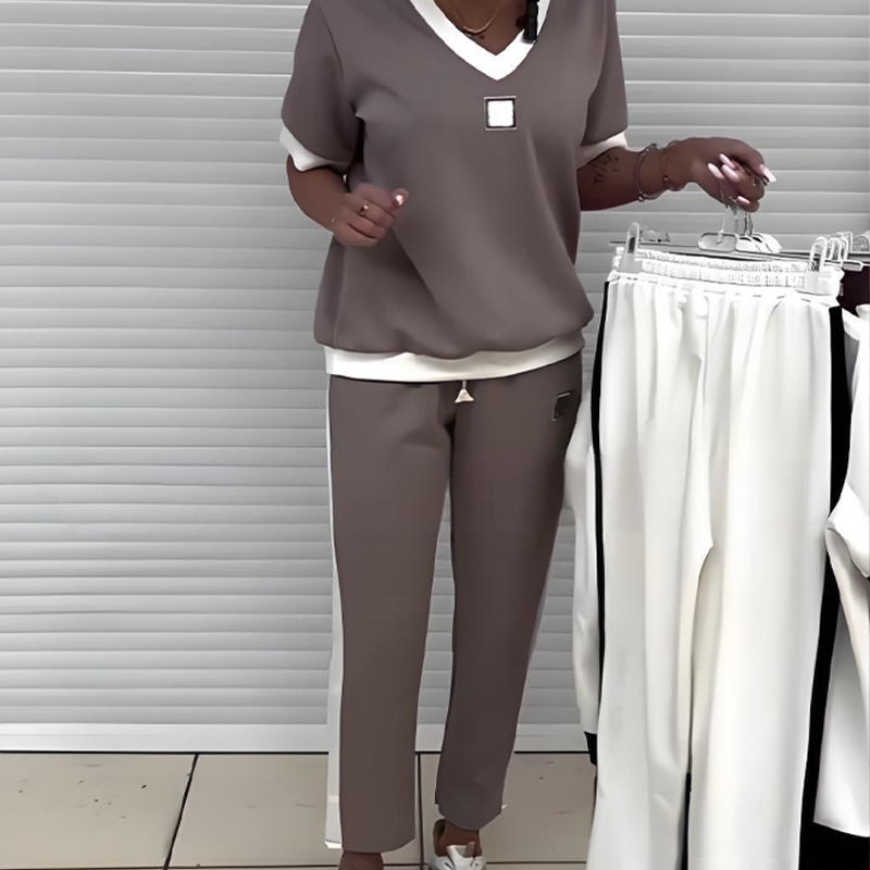 Lässiges Damen-Zweiteiler-Set: Oberteil mit V-Ausschnitt und Hose