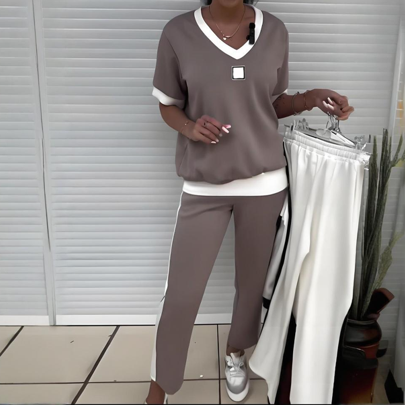 Lässiges Damen-Zweiteiler-Set: Oberteil mit V-Ausschnitt und Hose