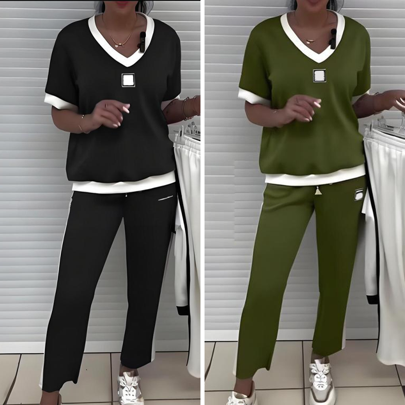 Lässiges Damen-Zweiteiler-Set: Oberteil mit V-Ausschnitt und Hose